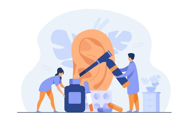 pequenos-medicos-que-tratan-o-examinan-oido-pacientes-utilizando-herramienta-otologia-llevando-botellas-ampollas-pastillas-ilustracion-vector-otorrinolaringologia-cuidado-salud-concepto-perdid