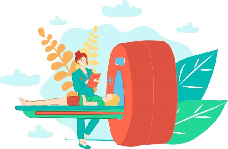 this-is-a-flat-illustration-of-a-doctor-and-a-girl-receiving-radiation-therapy-and-a-woman-lies-in-a-gamma-knife-apparatus-free-vector